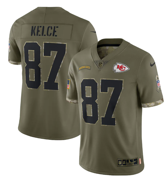 Men's Kansas City Chiefs #87 Travis Kelce Olive 2022 Salute To Service Limited Stitched Jersey